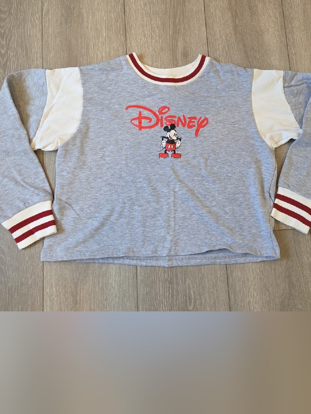 Disney Light Gray and Cream Mickey Sweatshirt with Red Trim